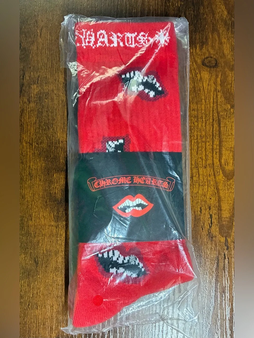 Chrome Hearts Chomper Red Graphic Crew Socks with Black & White Lip Motif